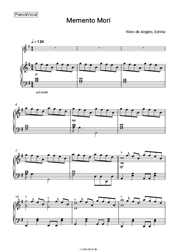 Noten mit Gesang Nino de Angelo, Sotiria - Memento Mori - Klavier&Gesang