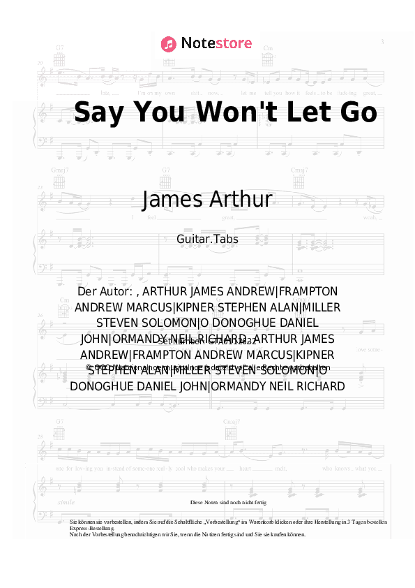 Tabs James Arthur - Say You Won't Let Go - Gitarre.Tabs