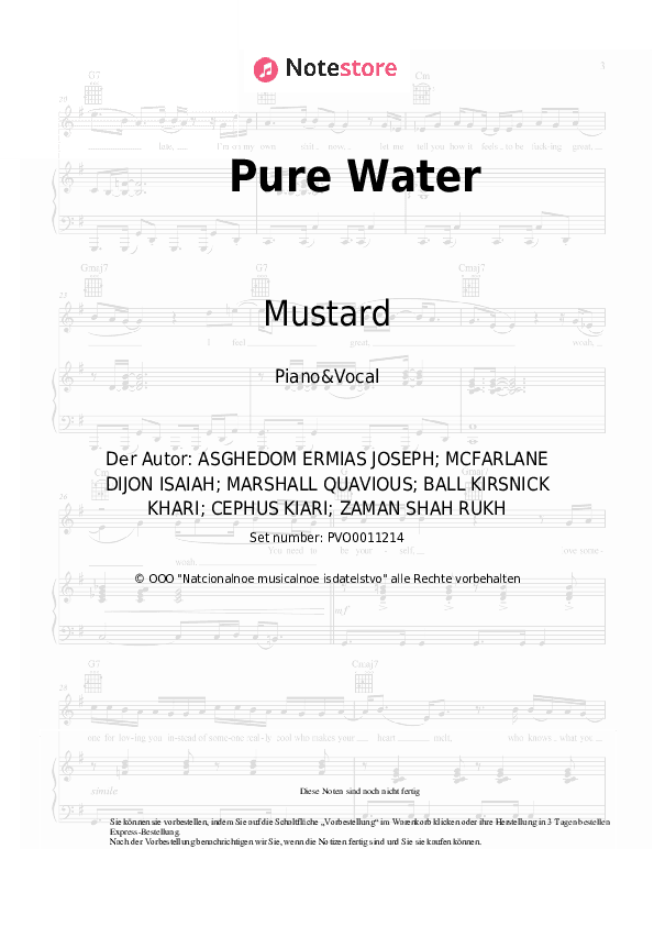Noten mit Gesang Mustard, Migos - Pure Water - Klavier&Gesang