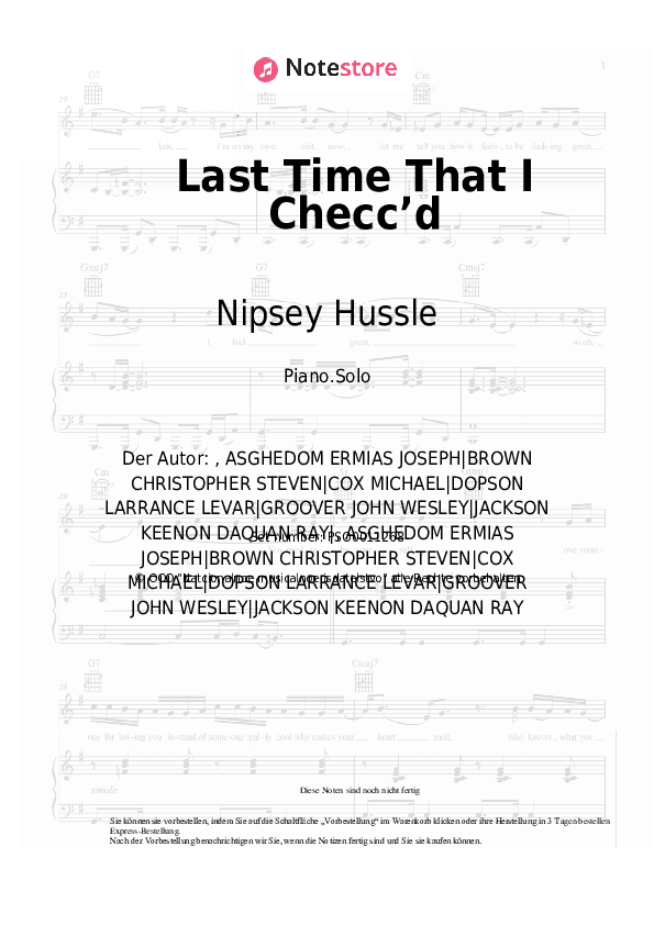 Noten Nipsey Hussle, YG - Last Time That I Checc’d - Klavier.Solo