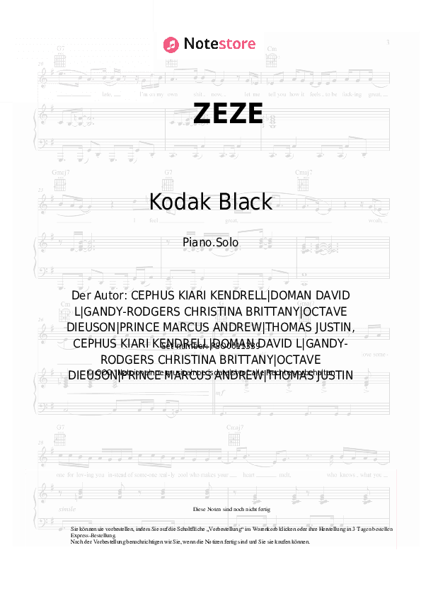Noten Kodak Black, Travis Scott, Offset - ZEZE - Klavier.Solo