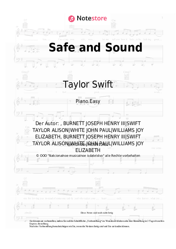 Einfache Noten Taylor Swift - Safe and Sound - Klavier.Einfach