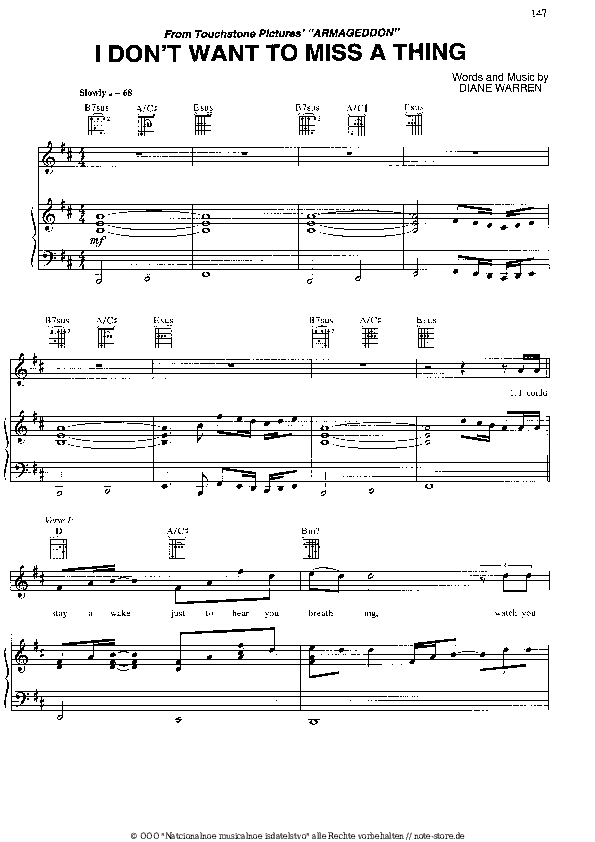 Noten mit Gesang Aerosmith - I Don't Want To Miss A Thing - Klavier&Gesang