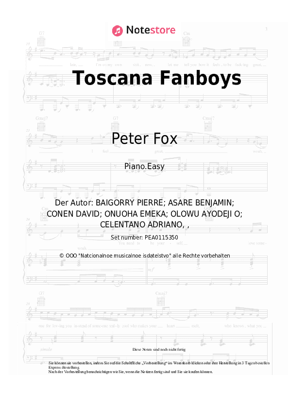 Einfache Noten Peter Fox, Adriano Celentano - Toscana Fanboys - Klavier.Einfach