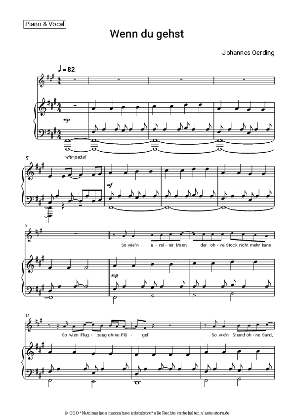 Noten mit Gesang Johannes Oerding - Wenn du gehst - Klavier&Gesang