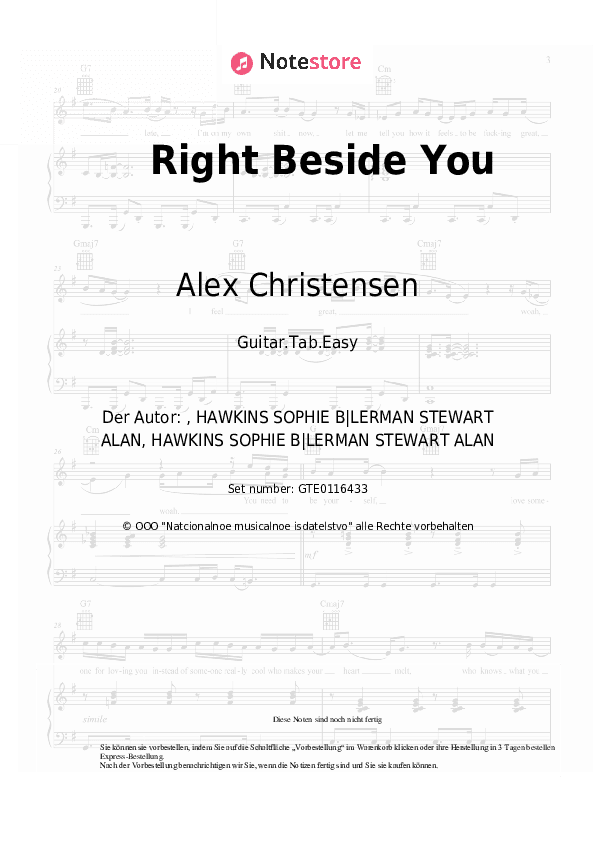 Einfache Tabs Alex Christensen, The Berlin Orchestra, Stereoact, Asja Ahatovic - Right Beside You - Gitarre.Tabs.Easy