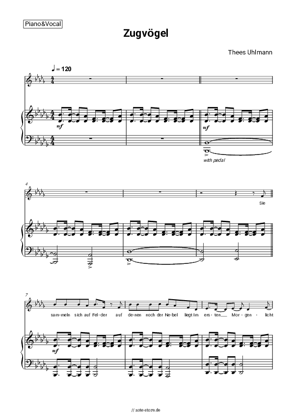 Noten mit Gesang Thees Uhlmann - Zugvögel - Klavier&Gesang