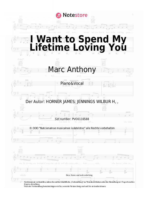Noten mit Gesang Marc Anthony, Tina Arena - I Want to Spend My Lifetime Loving You (OST The Mask of Zorro) - Klavier&Gesang