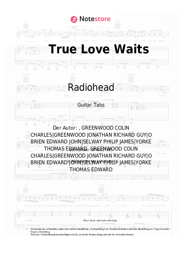 Tabs Radiohead - True Love Waits - Gitarre.Tabs