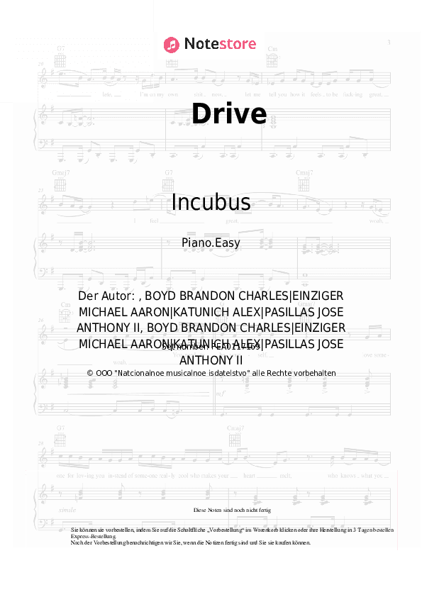 Einfache Noten Incubus - Drive - Klavier.Einfach