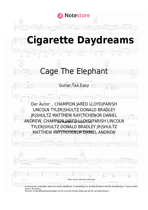 Einfache Tabs Cage The Elephant - Cigarette Daydreams - Gitarre.Tabs.Easy