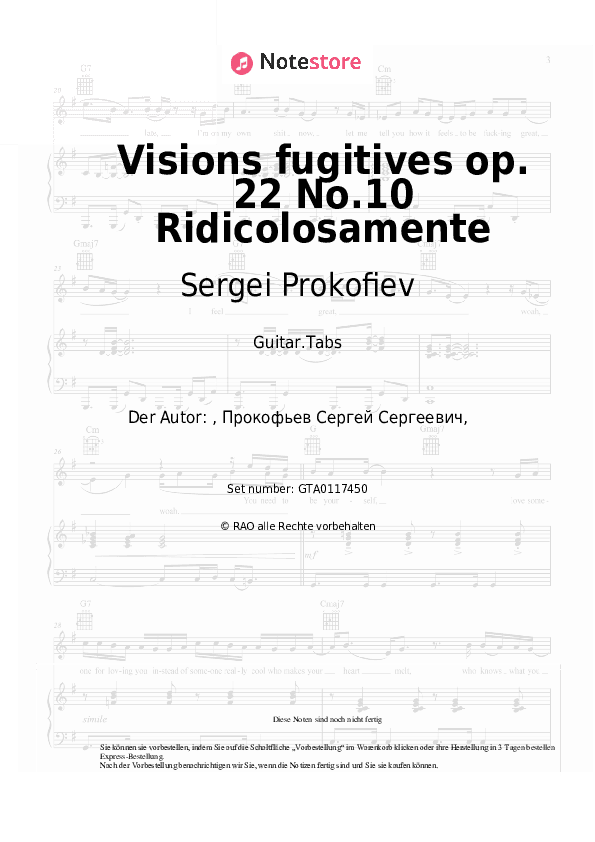 Tabs Sergei Prokofiev - Visions fugitives op. 22 No.10 Ridicolosamente - Gitarre.Tabs