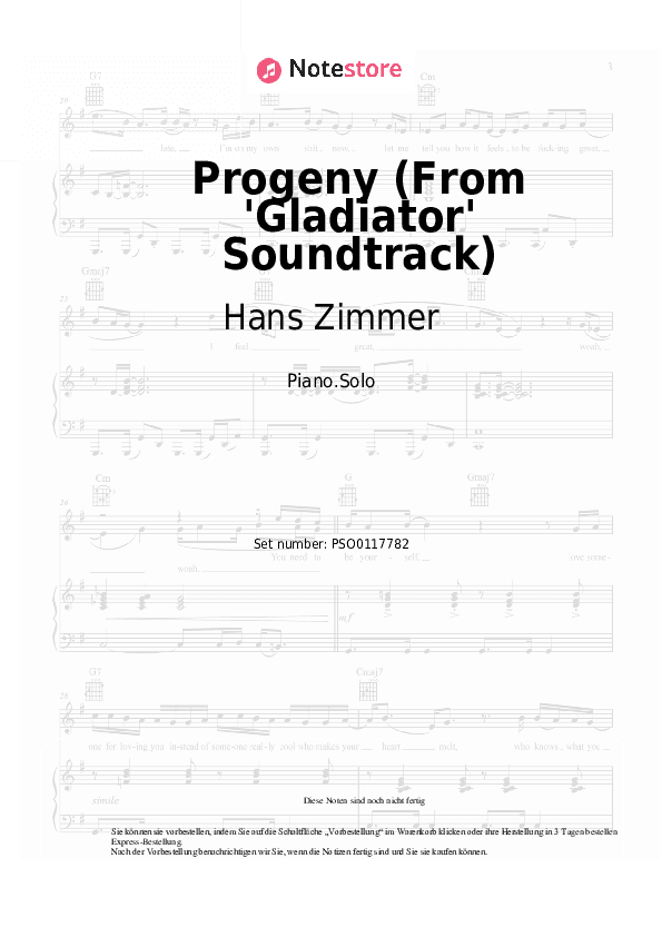 Noten Hans Zimmer - Progeny (From 'Gladiator' Soundtrack) - Klavier.Solo