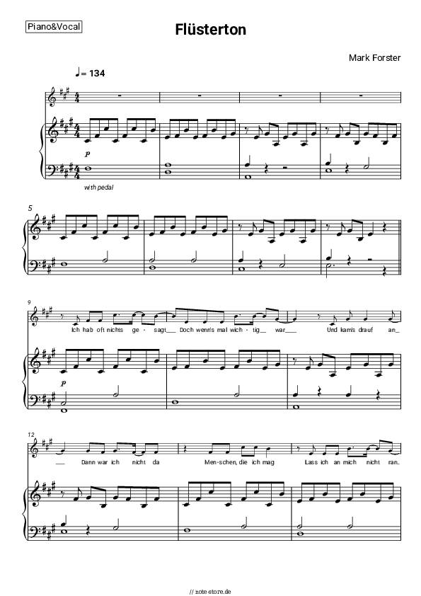 Noten mit Gesang Mark Forster - Flüsterton - Klavier&Gesang