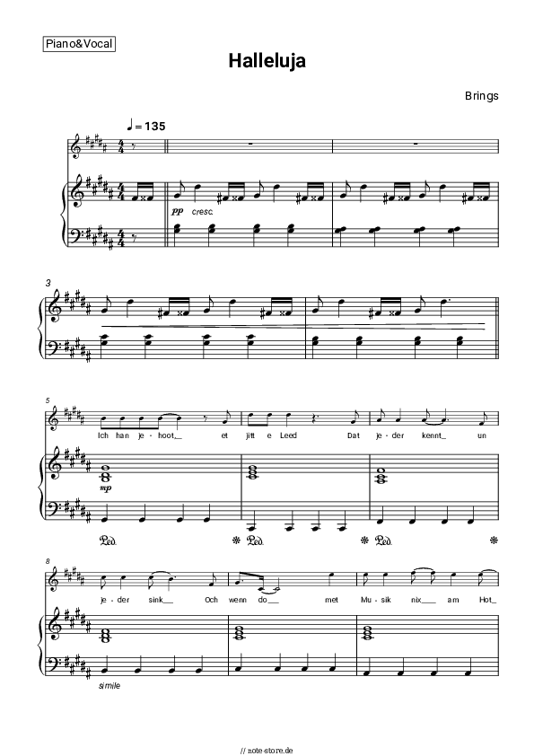 Noten mit Gesang Brings - Halleluja - Klavier&Gesang