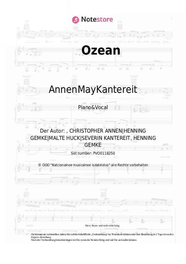 Noten mit Gesang AnnenMayKantereit - Ozean - Klavier&Gesang