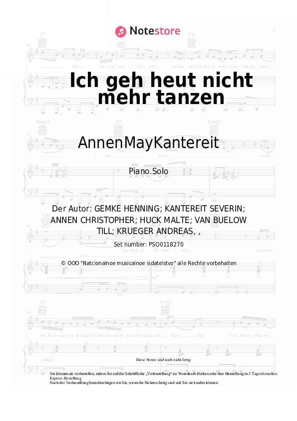 Noten AnnenMayKantereit - Ich geh heut nicht mehr tanzen - Klavier.Solo