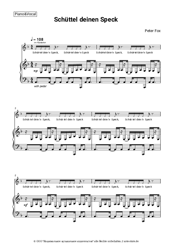 Noten mit Gesang Peter Fox - Schüttel deinen Speck - Klavier&Gesang