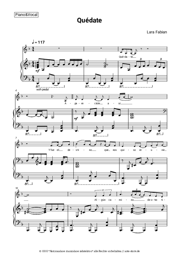 Noten mit Gesang Lara Fabian - Quédate - Klavier&Gesang