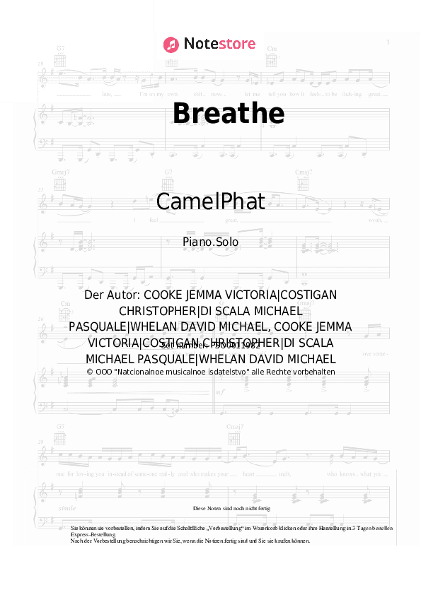 Noten CamelPhat, Cristoph, Jem Cooke - Breathe - Klavier.Solo