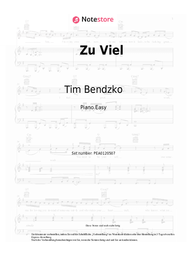 Einfache Noten Tim Bendzko - Zu Viel - Klavier.Einfach