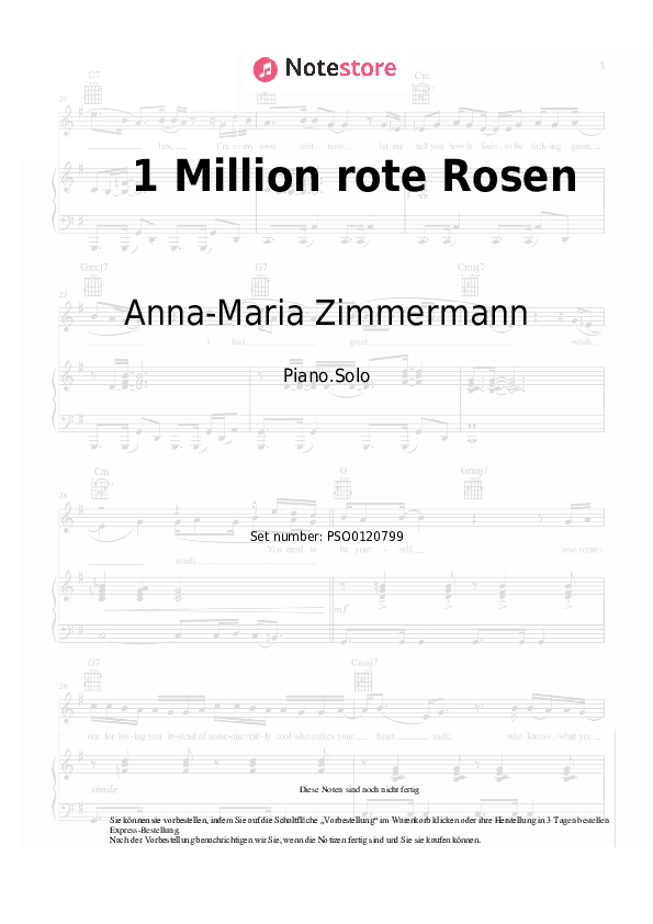 Noten Anna-Maria Zimmermann - 1 Million rote Rosen - Klavier.Solo