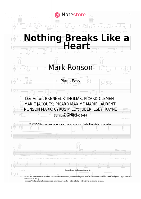 Einfache Noten Mark Ronson, Miley Cyrus - Nothing Breaks Like a Heart - Klavier.Einfach