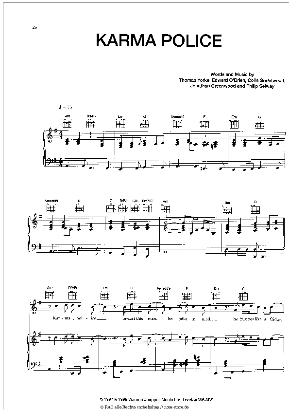 Noten mit Gesang Radiohead - Karma Police - Klavier&Gesang