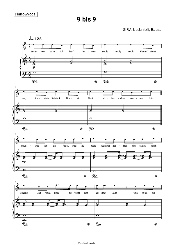 Noten mit Gesang SIRA, badchieff, Bausa - 9 bis 9 - Klavier&Gesang