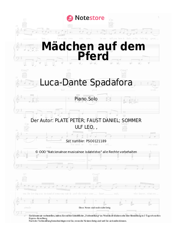 Noten Luca-Dante Spadafora, Niklas Dee, Octavian, Peter Plate, Ulf Leo Sommer - Mädchen auf dem Pferd - Klavier.Solo