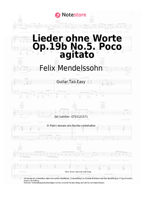 Einfache Tabs Felix Mendelssohn - Lieder ohne Worte Op.19b No.5. Poco agitato - Gitarre.Tabs.Easy