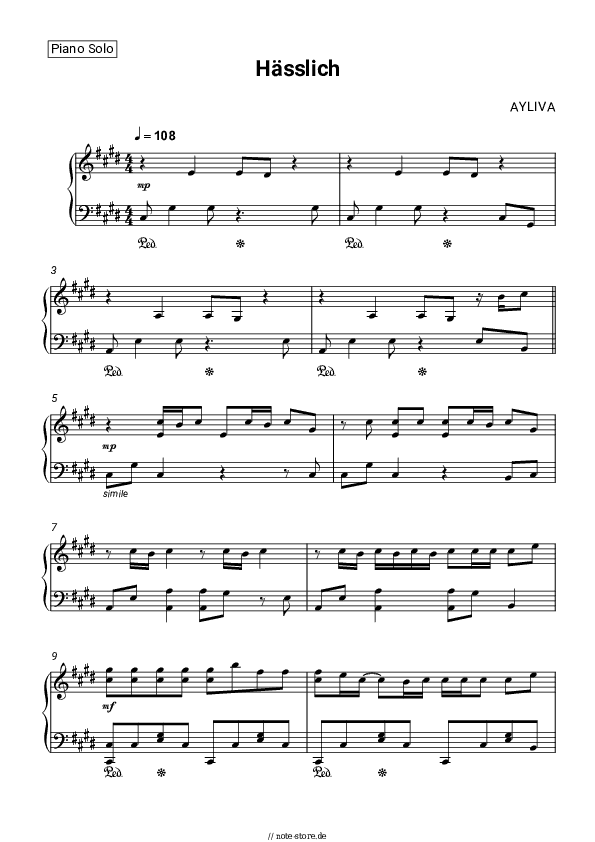 Noten AYLIVA - Hässlich - Klavier.Solo