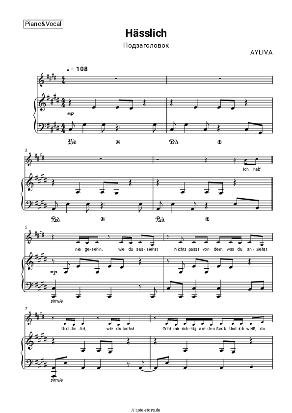 Noten mit Gesang AYLIVA - Hässlich - Klavier&Gesang