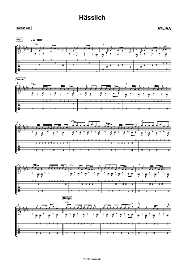 Tabs AYLIVA - Hässlich - Gitarre.Tabs