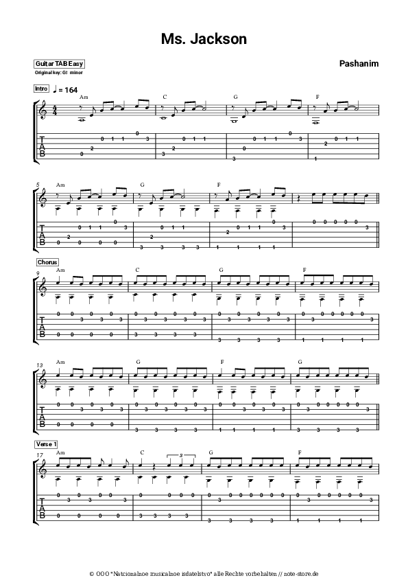 Einfache Tabs Pashanim - Ms. Jackson - Gitarre.Tabs.Easy