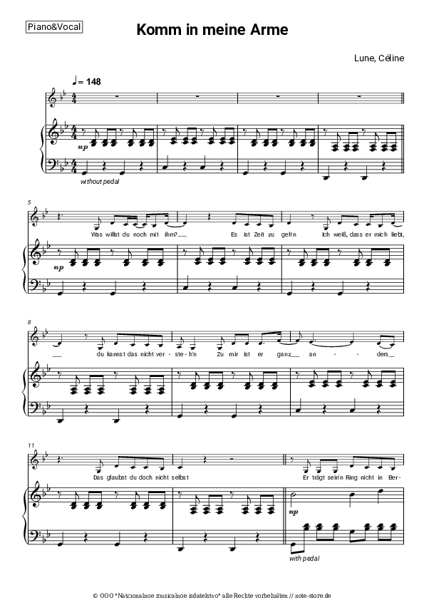 Noten mit Gesang Lune, Céline - Komm in meine Arme - Klavier&Gesang