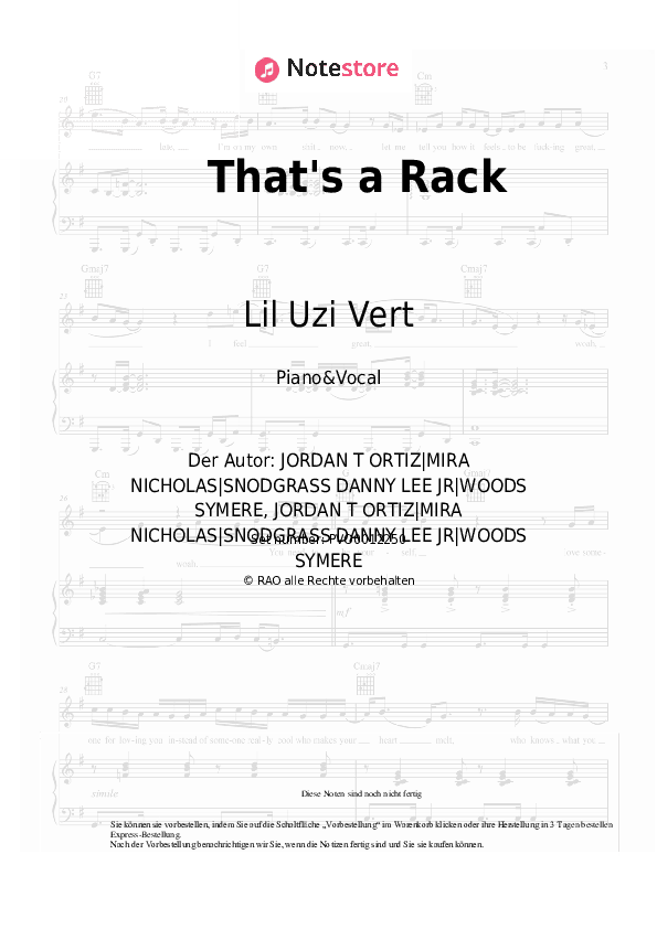 Noten mit Gesang Lil Uzi Vert - That's a Rack - Klavier&Gesang