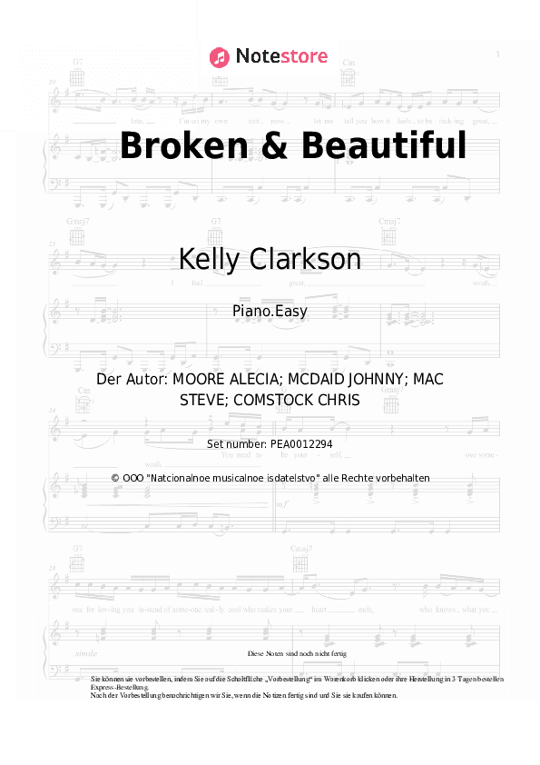 Einfache Noten Kelly Clarkson - Broken & Beautiful - Klavier.Einfach