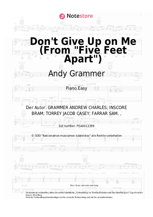 Einfache Noten Andy Grammer - Don't Give Up on Me (From Five Feet Apart) - Klavier.Einfach