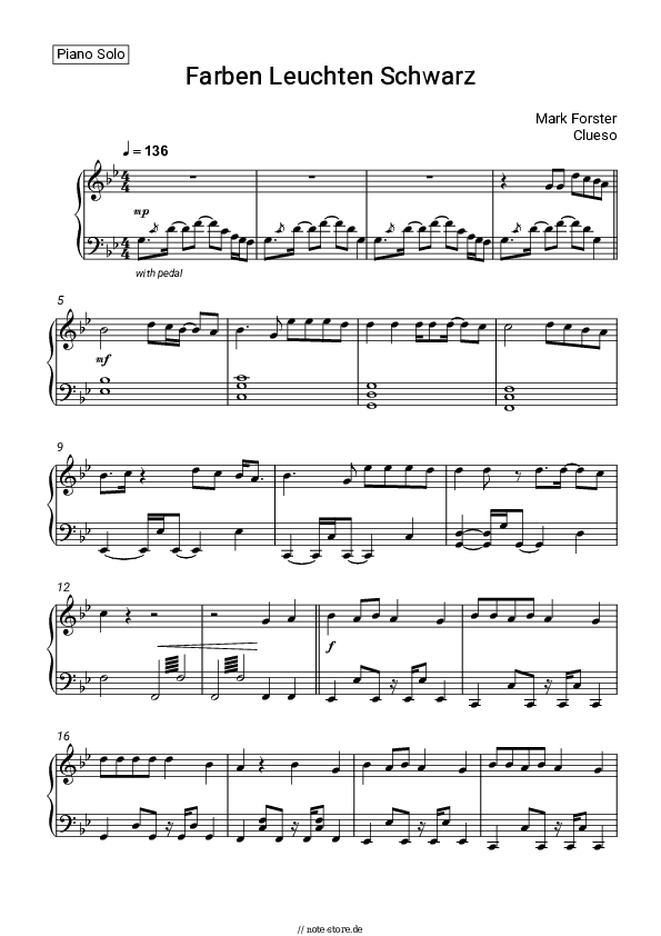 Noten Mark Forster, Clueso - Farben Leuchten Schwarz - Klavier.Solo