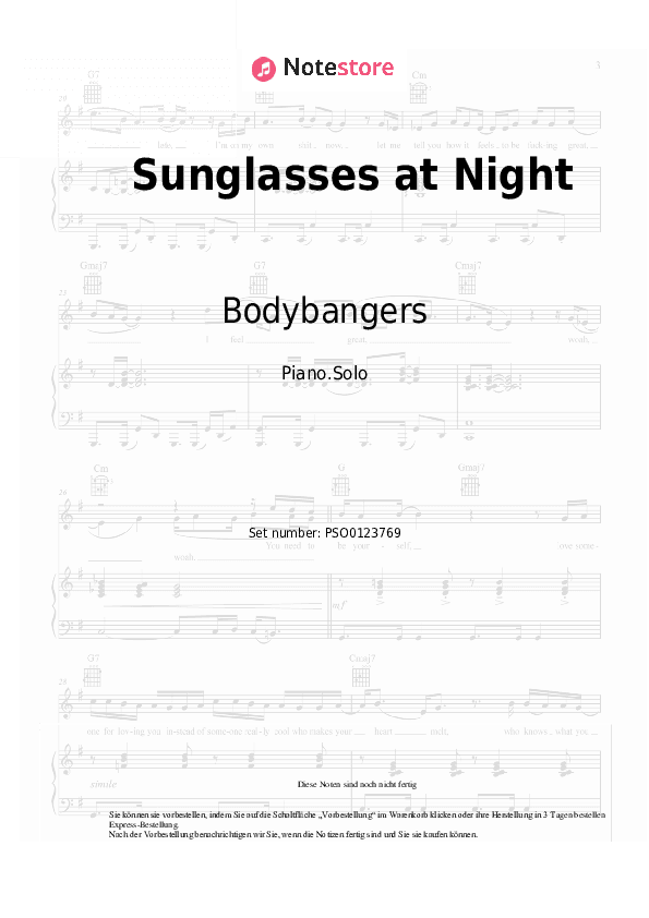 Noten Bodybangers - Sunglasses at Night - Klavier.Solo