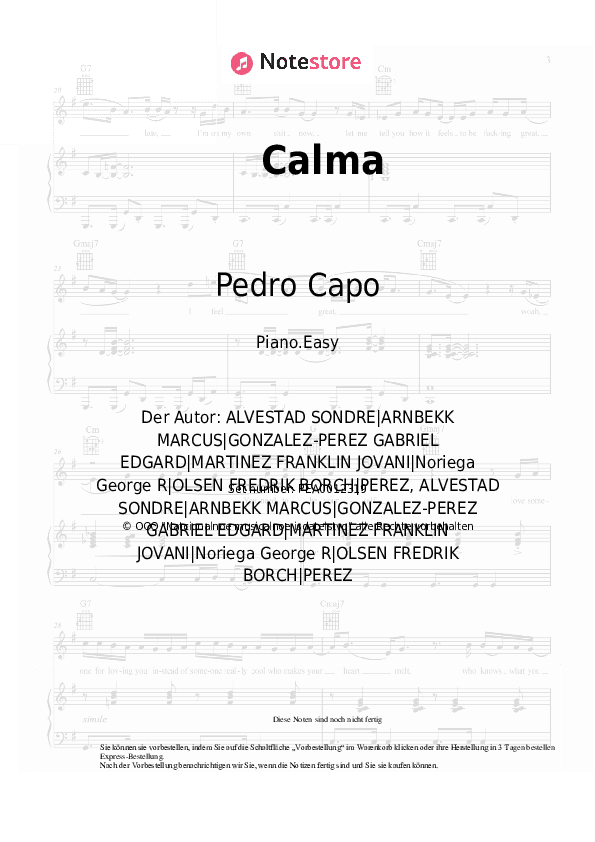 Einfache Noten Pedro Capo, Farruko - Calma - Klavier.Einfach