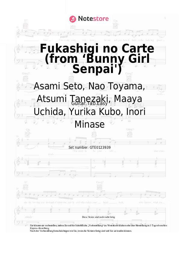 Einfache Tabs Asami Seto, Nao Toyama, Atsumi Tanezaki, Maaya Uchida, Yurika Kubo, Inori Minase - Fukashigi no Carte (from ‘Bunny Girl Senpai') - Gitarre.Tabs.Easy