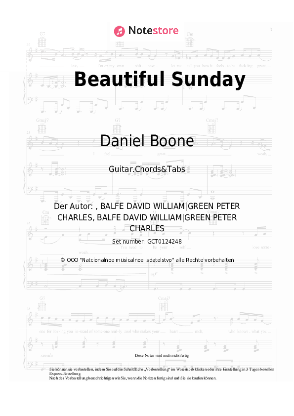 Akkorde Daniel Boone - Beautiful Sunday - Gitarren.Akkorde&Tabas