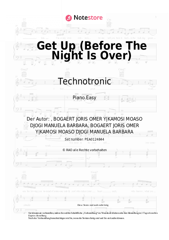 Einfache Noten Technotronic - Get Up (Before The Night Is Over) - Klavier.Einfach