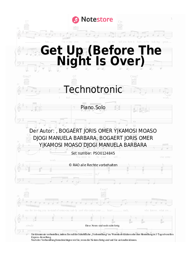 Noten Technotronic - Get Up (Before The Night Is Over) - Klavier.Solo