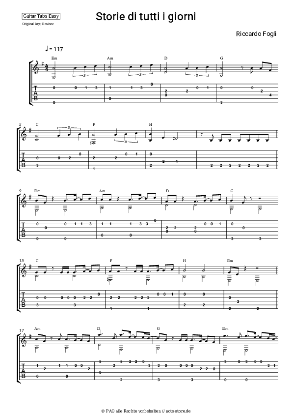 Einfache Tabs Riccardo Fogli - Storie di tutti i giorni - Gitarre.Tabs.Easy
