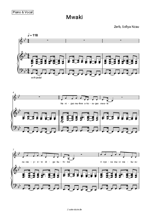 Noten mit Gesang Zerb, Sofiya Nzau - Mwaki - Klavier&Gesang