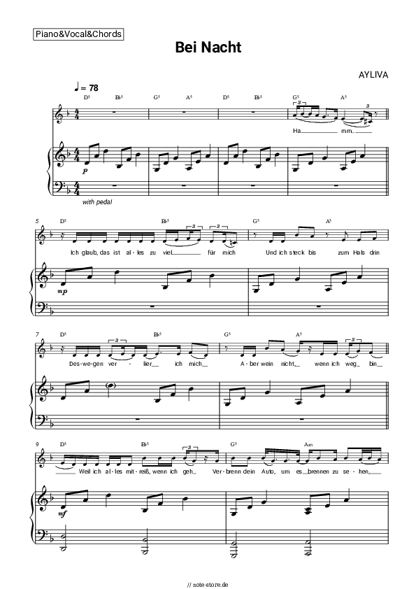 Noten und Akkorde AYLIVA - Bei Nacht - Klavier&Gesang&Akkorde
