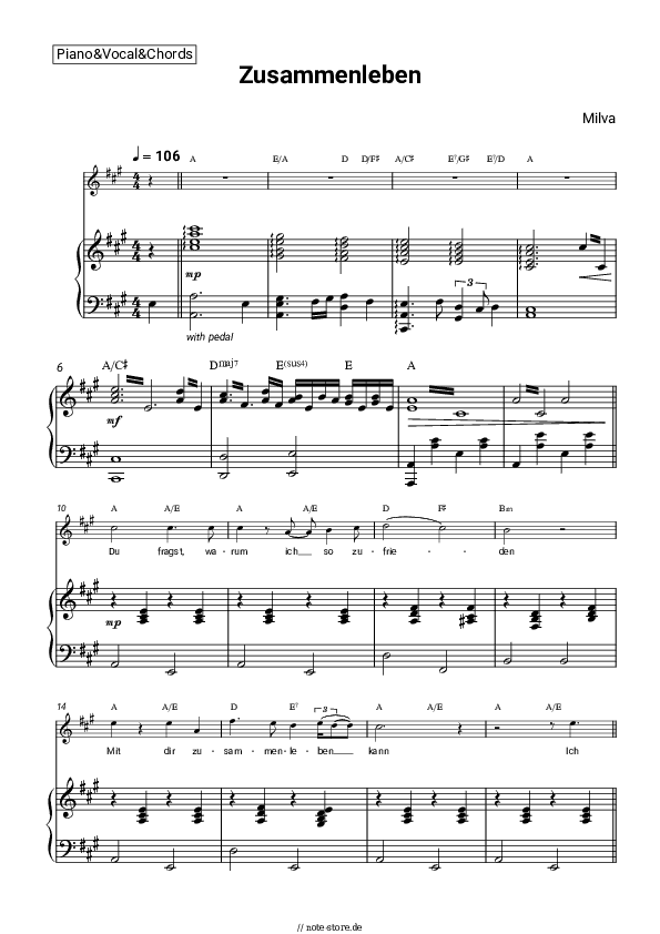 Noten und Akkorde Milva - Zusammenleben - Klavier&Gesang&Akkorde